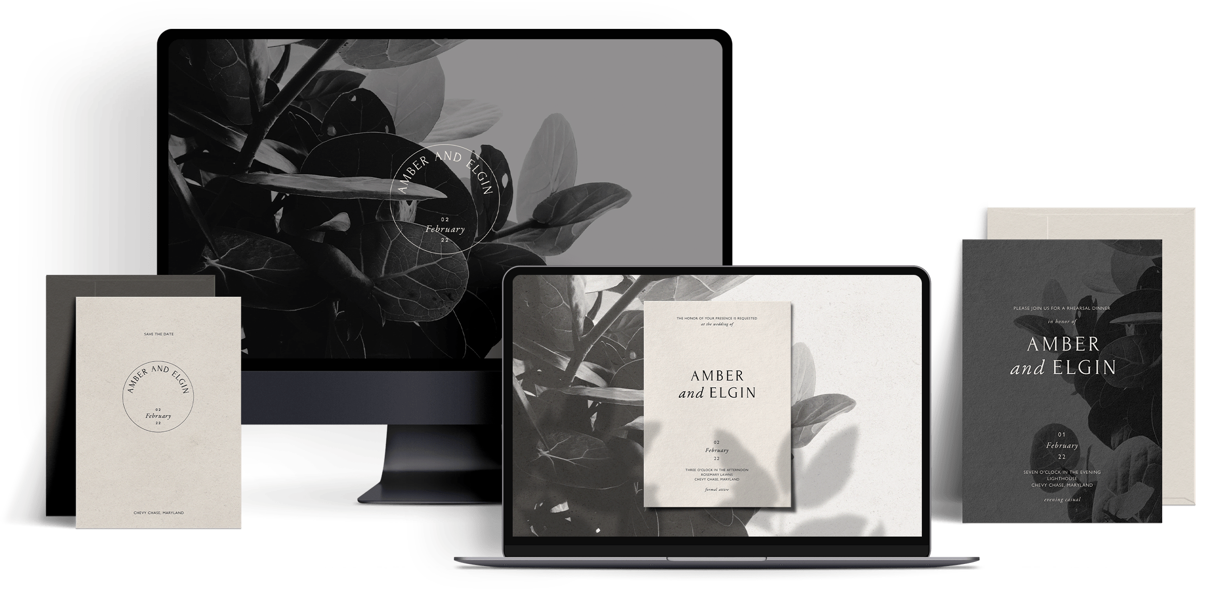 Minimal black and white wedding website collection featuring botanical imagery, modern serif typography, and matching rehearsal dinner and save the date stationery across a refined wedding website and invitation suite.