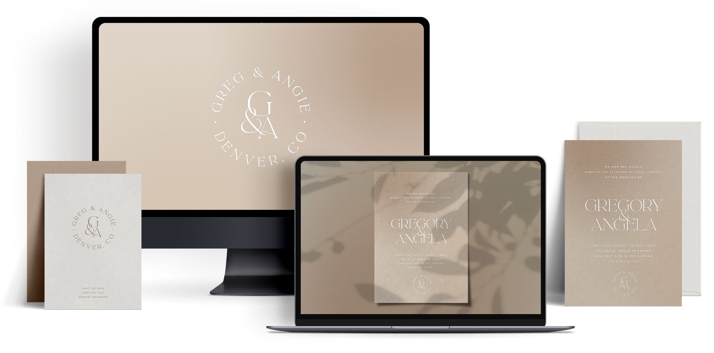 Minimal neutral wedding website branding suite with soft beige tones, elegant monogram details, and matching save the date and invitation stationery displayed alongside a coordinated wedding website design.