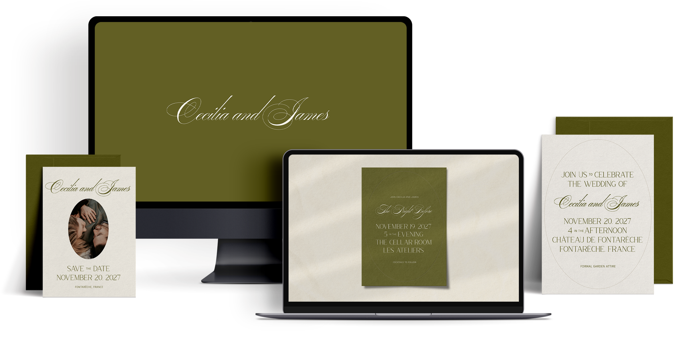 Elegant olive green wedding website suite displayed across desktop and laptop screens, featuring romantic script typography, coordinated save the dates, and formal invitations in a cohesive modern wedding website design.