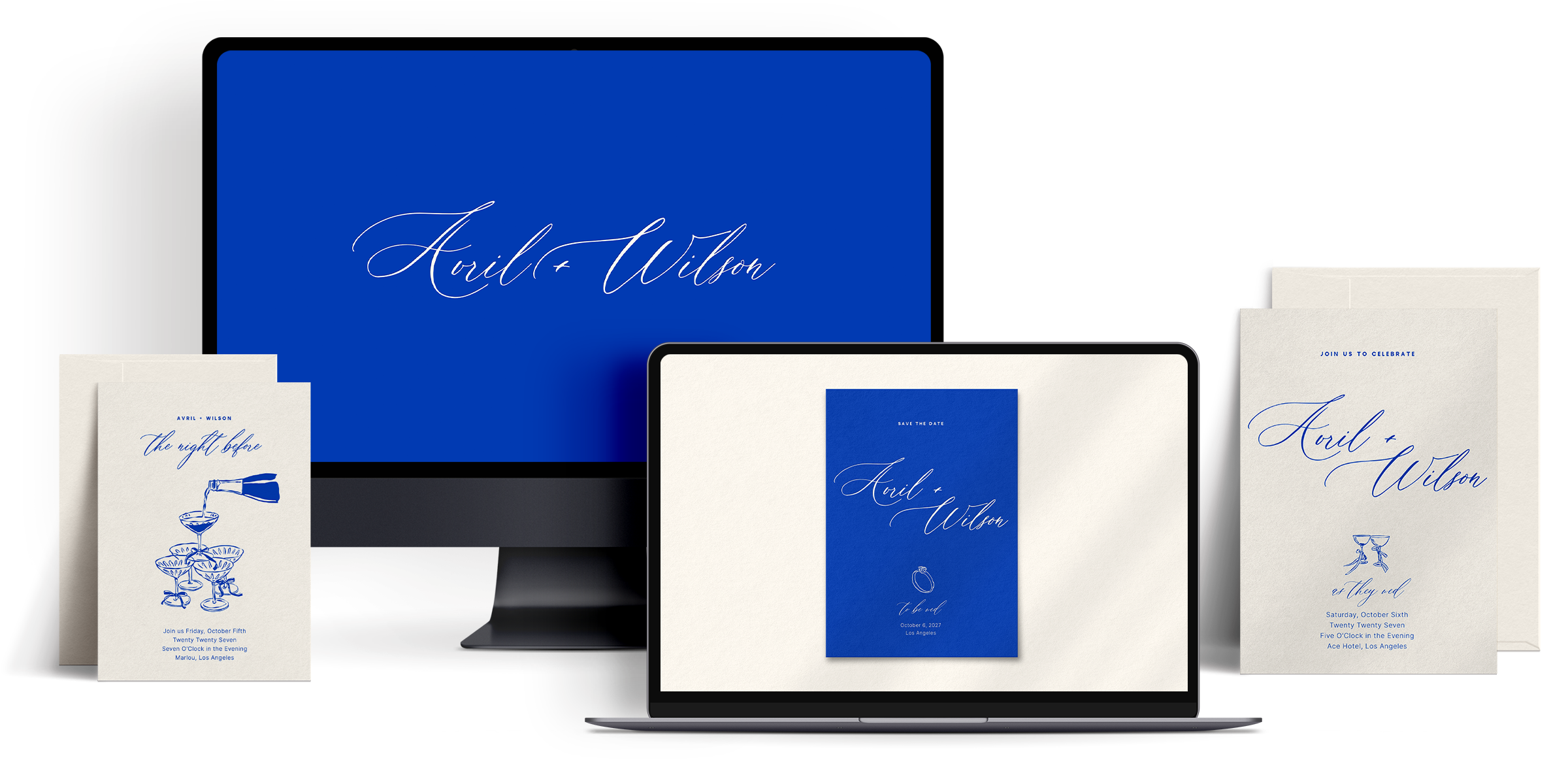 Bold cobalt blue wedding website and invitation suite with elegant script typography, cocktail-inspired artwork, and matching save the dates displayed across desktop and laptop wedding website layouts.