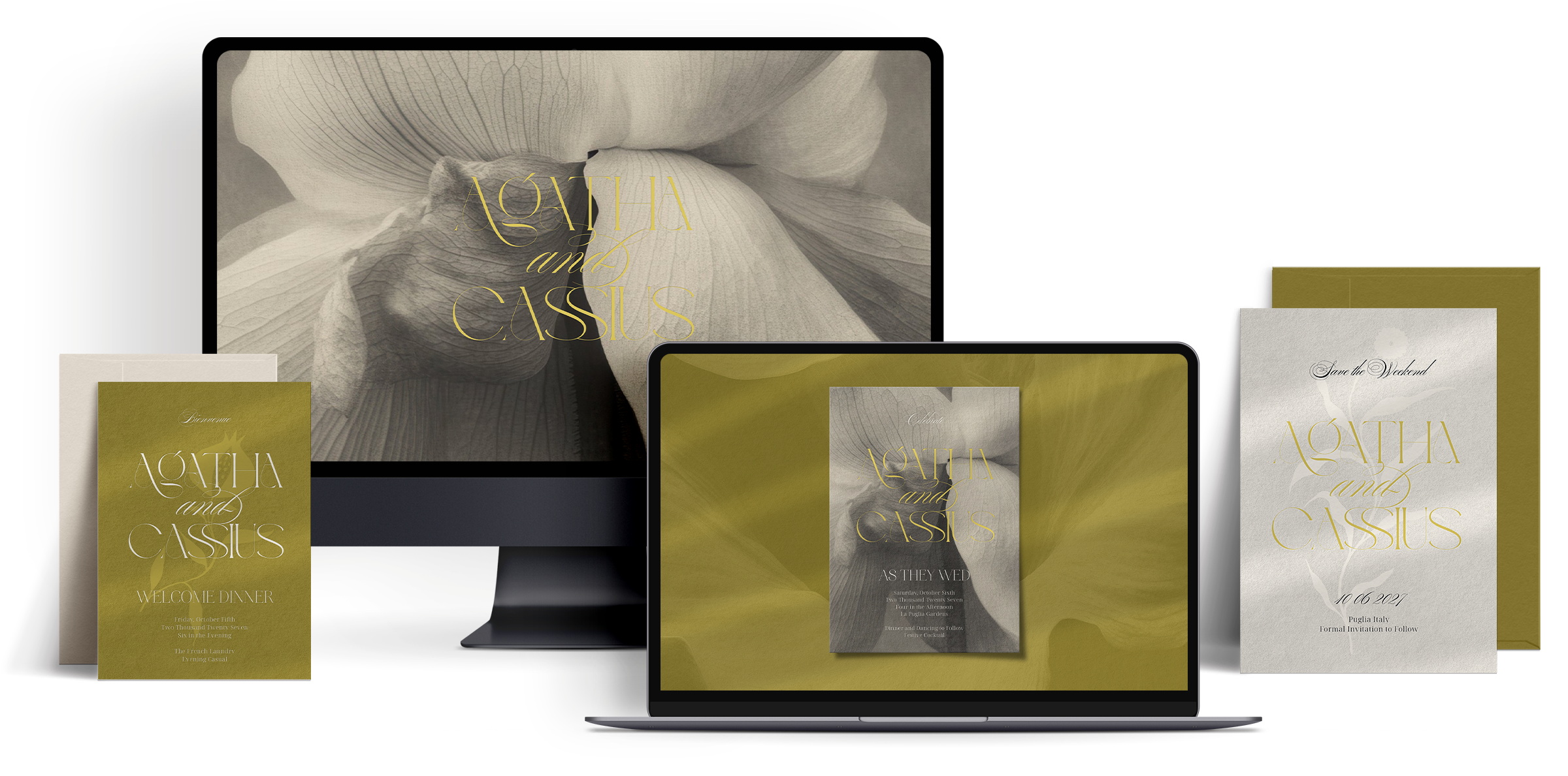 A luxury wedding stationery suite displayed across print and digital formats. The design features a soft monochromatic floral photograph paired with elegant gold typography spelling the couple's names. Shown are a save-the-date card, welcome dinner invitation, formal invitation with olive-green envelope, and matching wedding website displayed on desktop and laptop screens. The overall aesthetic is refined and romantic, blending botanical imagery, muted neutrals, and metallic accents.
