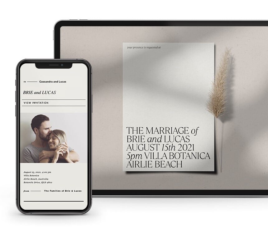 Minimalist online wedding invitation suite displayed on laptop and mobile devices, featuring soft neutral tones, modern typography, and a coordinated wedding website email invitation experience with digital invitation previews.