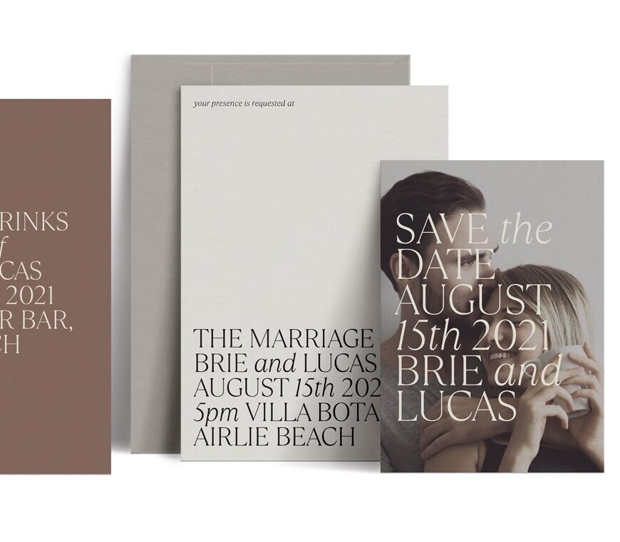 Elegant neutral wedding invitation suite with matching save the date card, modern serif typography, and romantic couple photography designed to coordinate seamlessly with a refined wedding website aesthetic.