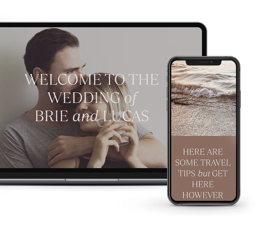 Modern neutral wedding website displayed across desktop and mobile screens, featuring romantic couple photography, elegant serif typography, and a cohesive wedding website design with travel information and wedding details.