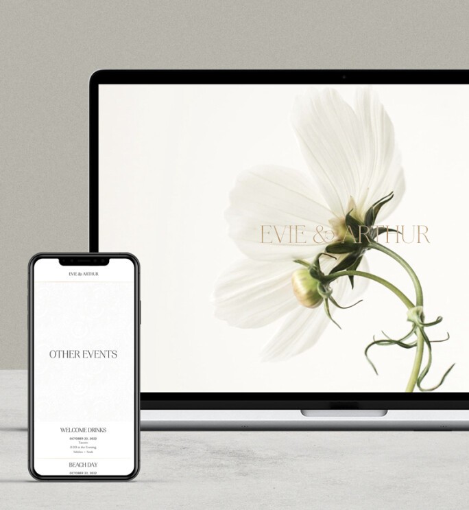 Wedding website displayed on desktop and mobile screens featuring a minimalist floral design with a white flower and elegant typography reading “Evie & Arthur”