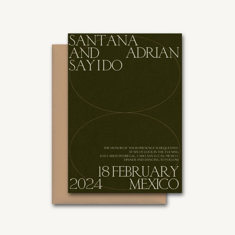 Santana wedding invitation by Bliss & Bone with forest green background, bold condensed white typography, and kraft envelope — shown for destination wedding timing