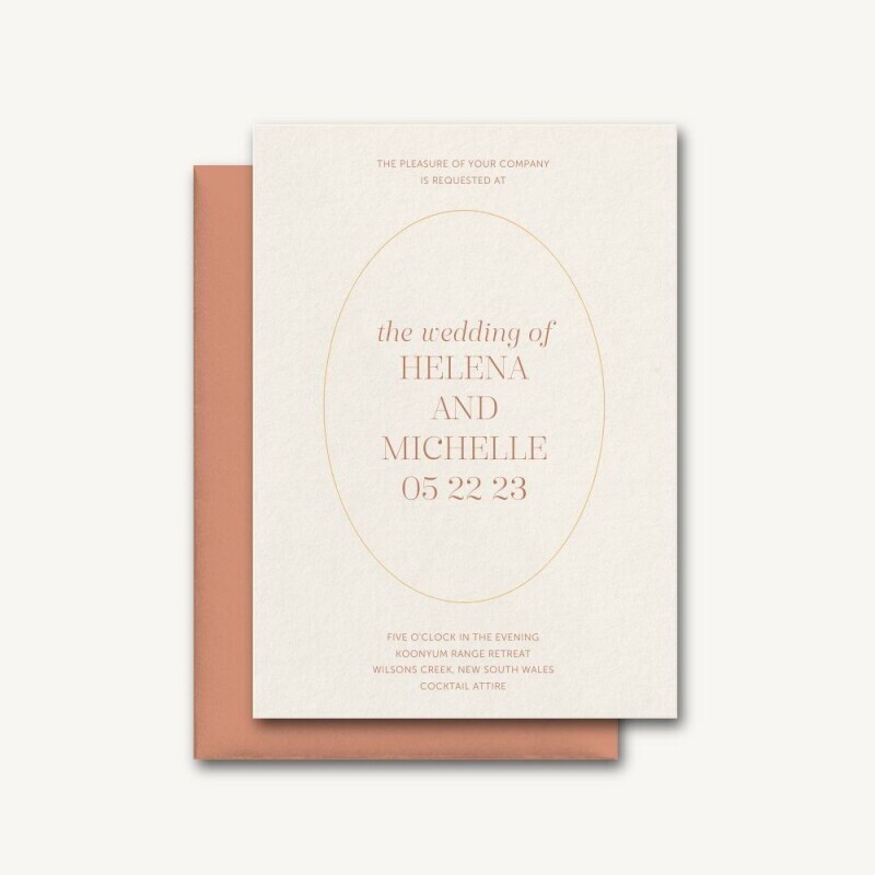 Helena wedding invitation by Bliss & Bone with gold arch frame on cream card stock, blush envelope, and elegant serif typography
