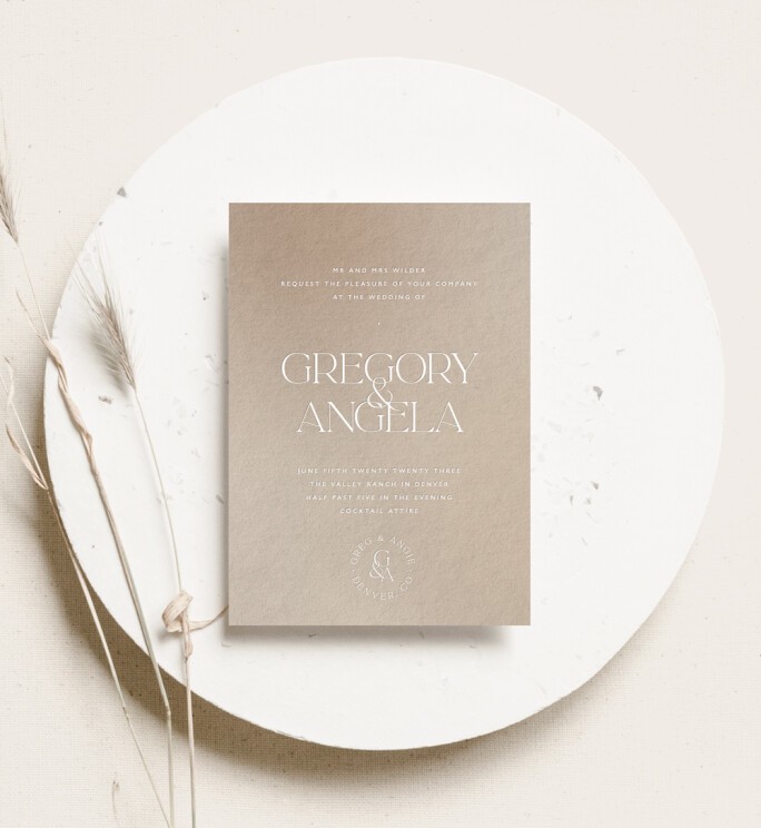 Bliss & Bone printed wedding invitation suite with minimalist typography on neutral-toned card stock